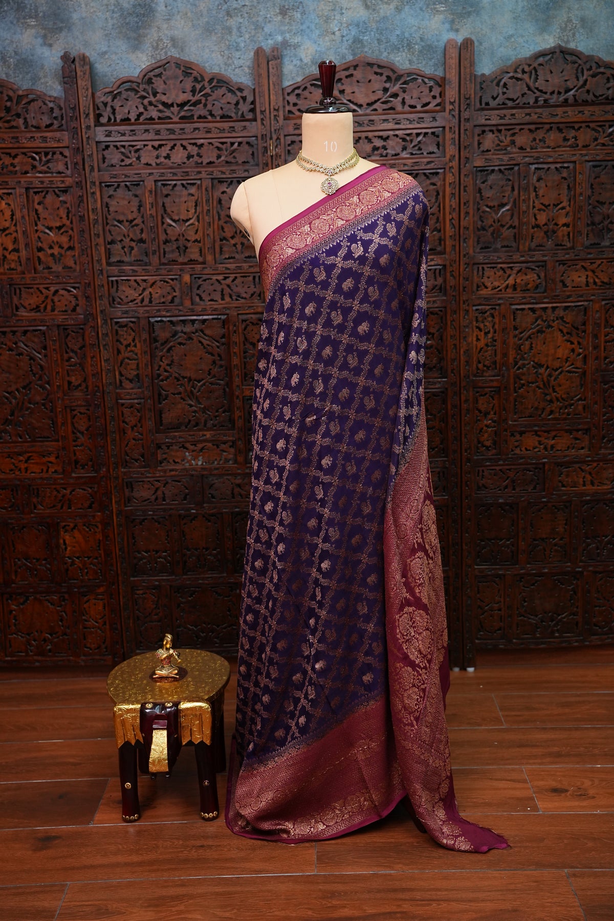 Banarasi Tussar Georgette Saree with Geometric Jaal Weave – Royal Purple & Pink