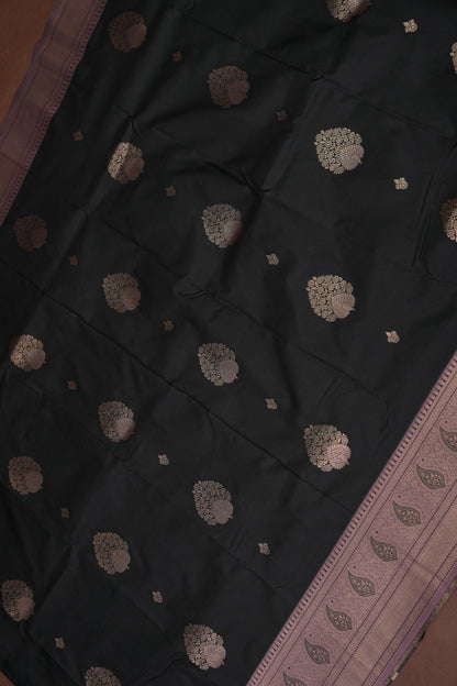 Black Semi Silk Saree with Muted Mauve Vintage Zari Border