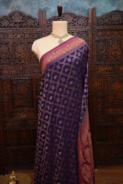 Banarasi Tussar Georgette Saree with Geometric Jaal Weave – Royal Purple & Pink