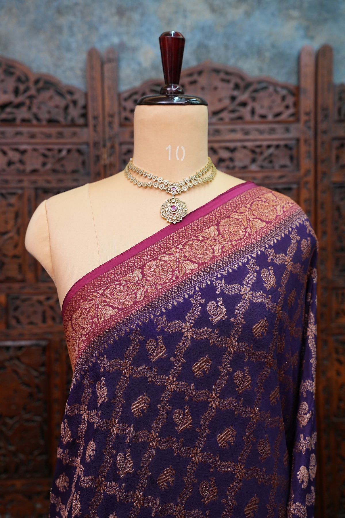 Banarasi Tussar Georgette Saree with Geometric Jaal Weave – Royal Purple & Pink