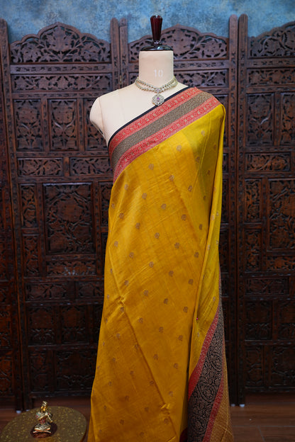 Banarasi Tussar Raw Silk Saree with Contrast 3D Border – Yellow & Black