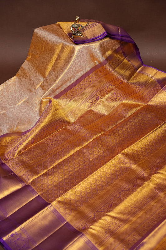 Gold & Purple Pure Tissue Kanchipuram Silk Saree|Silk Mark Certified