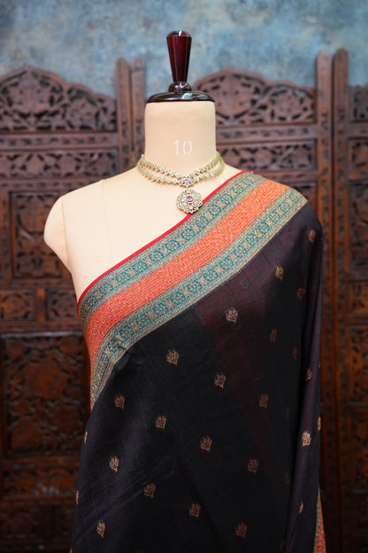 Banarasi Tussar Raw Silk Saree with Contrast 3D Border – Black & Red