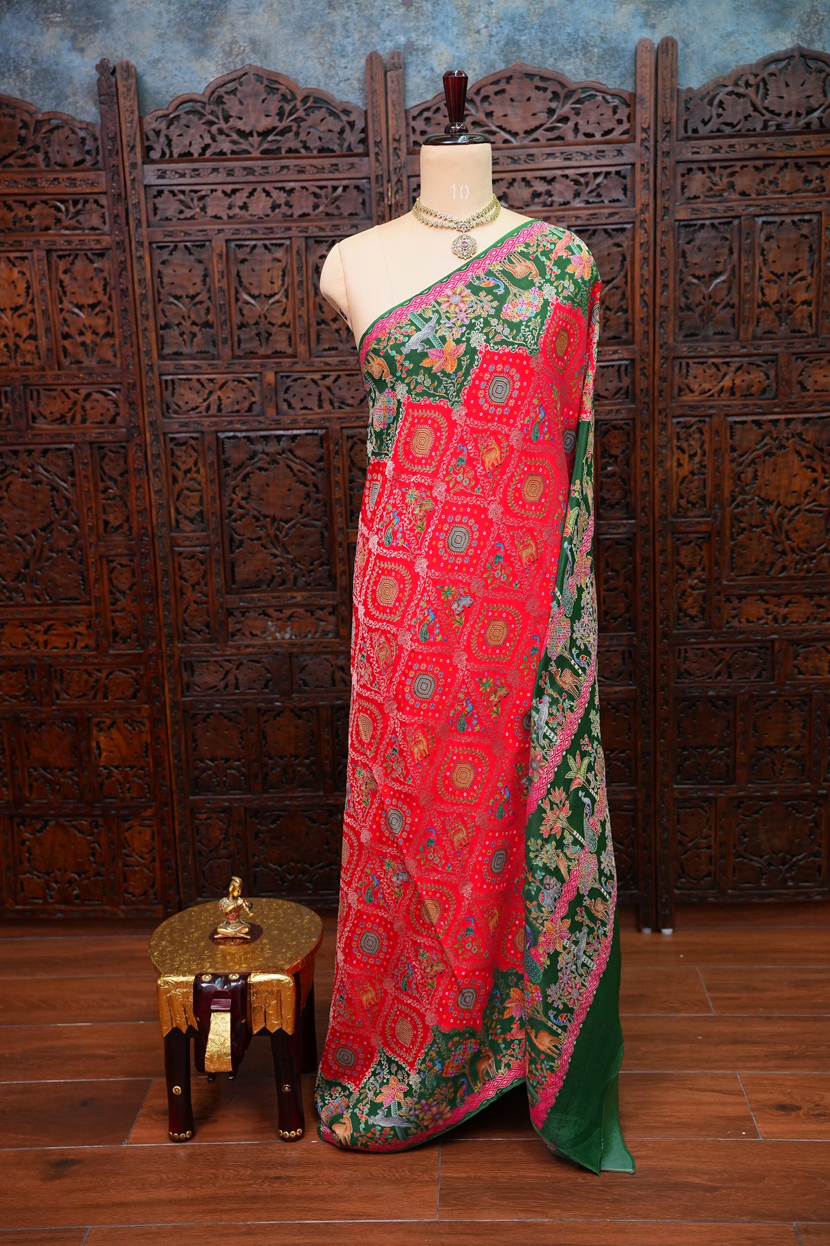 Pure Chinon Crepe Silk Saree with Kashmiri Pashmina Digital Print – Pink & Green
