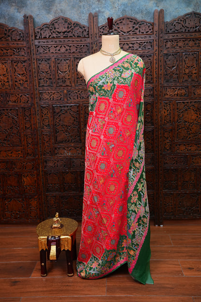 Pure Chinon Crepe Silk Saree with Kashmiri Pashmina Digital Print – Pink & Green