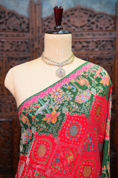 Pure Chinon Crepe Silk Saree with Kashmiri Pashmina Digital Print – Pink & Green