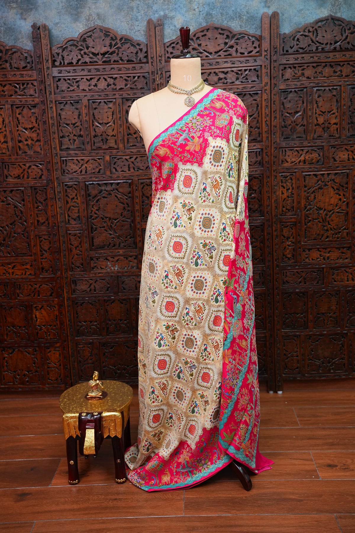 Pure Chinon Crepe Silk Saree with Kashmiri Pashmina Digital Print – Pink & White