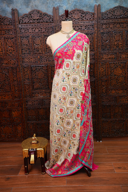 Pure Chinon Crepe Silk Saree with Kashmiri Pashmina Digital Print – Pink & White