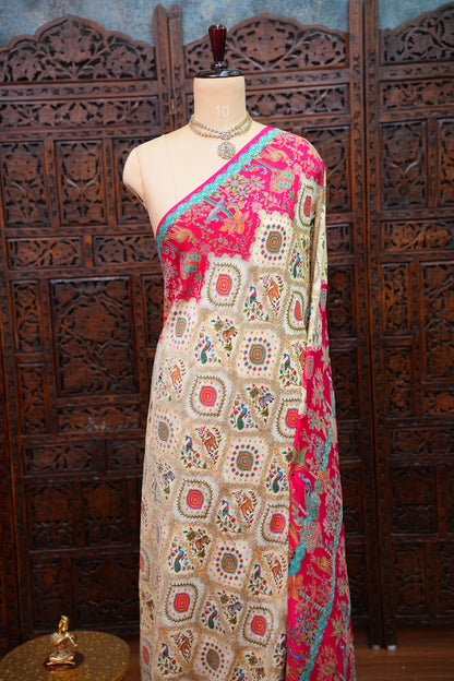 Pure Chinon Crepe Silk Saree with Kashmiri Pashmina Digital Print – Pink & White