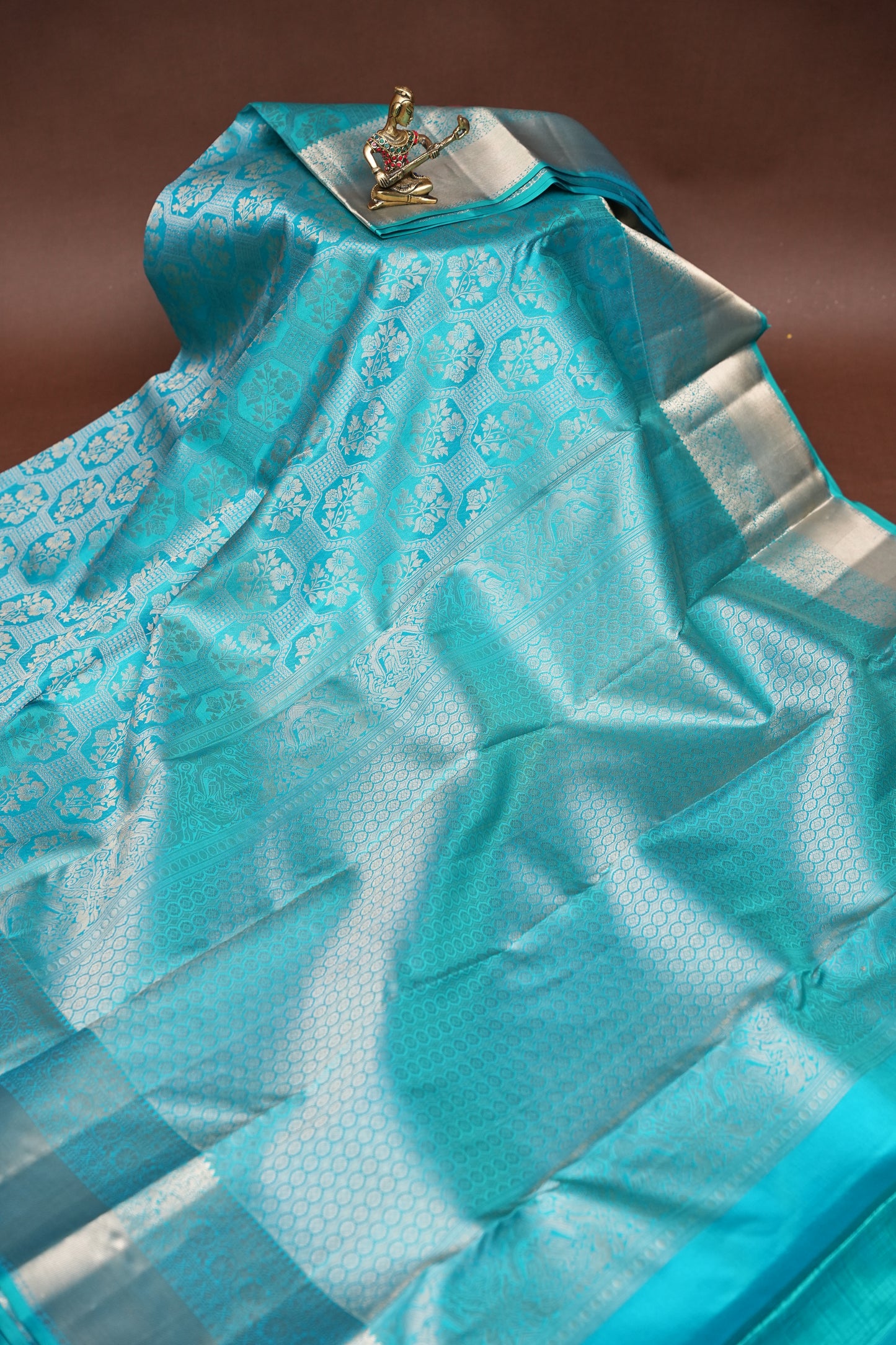 Turquoise Blue Pure Kanchipuram Brocade Silk Saree|Silk Mark Certified