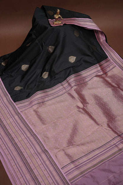 Black Semi Silk Saree with Pink Vintage Zari Border