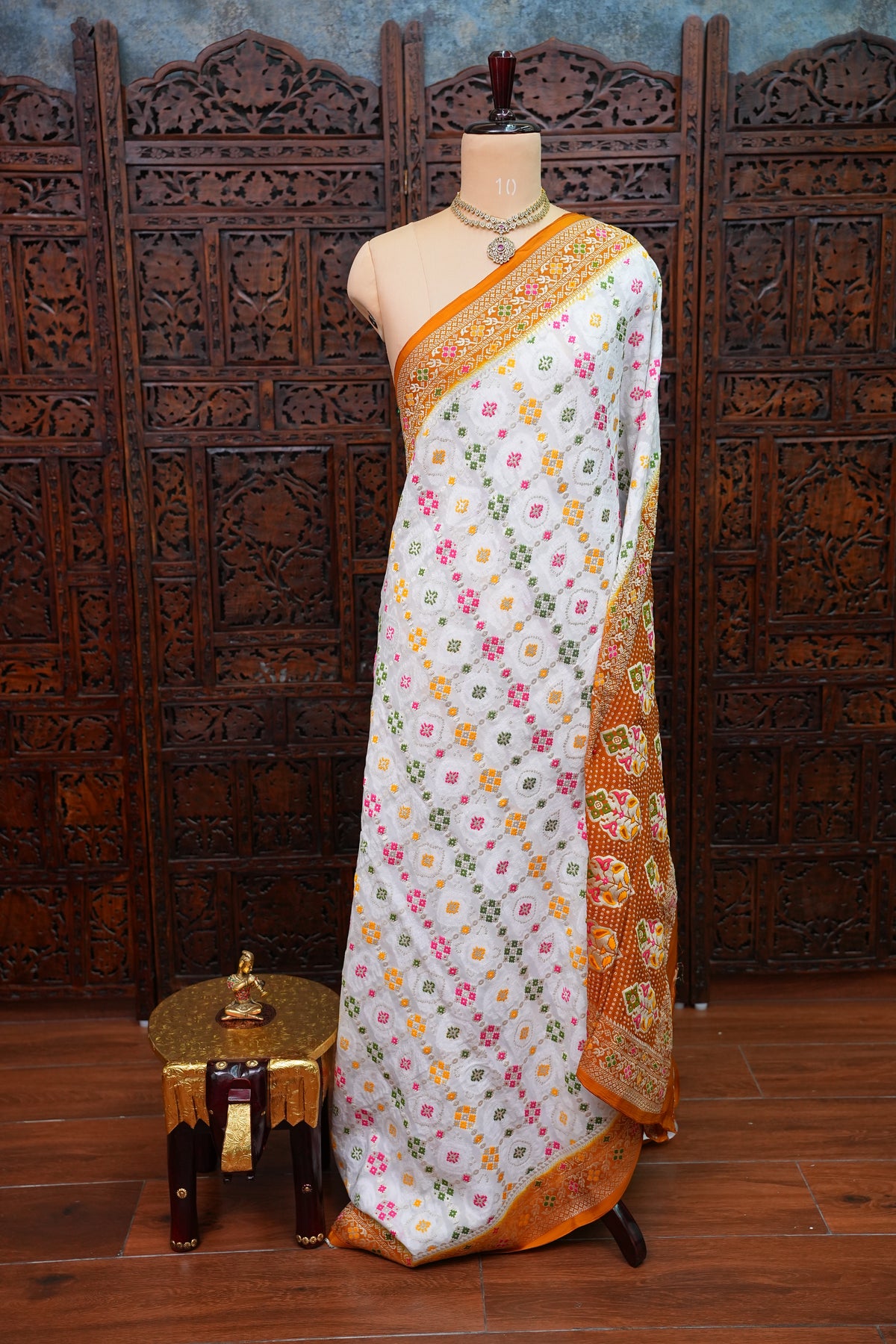Heavy Georgette Banarasi Saree with Geometric Jaal Weaving – White & Mustard