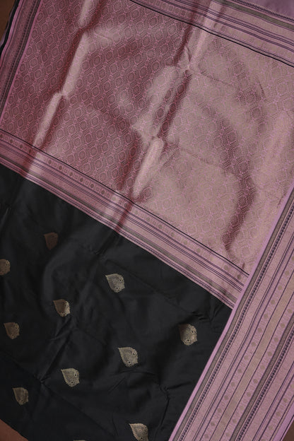 Black Semi Silk Saree with Pink Vintage Zari Border