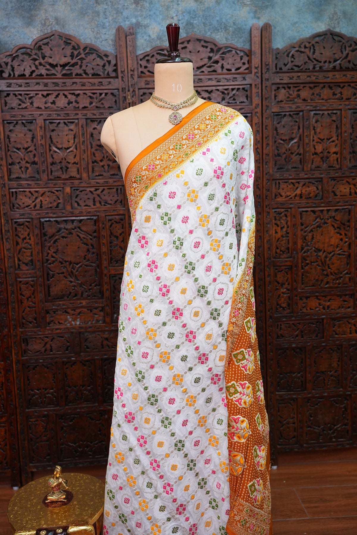 Heavy Georgette Banarasi Saree with Geometric Jaal Weaving – White & Mustard