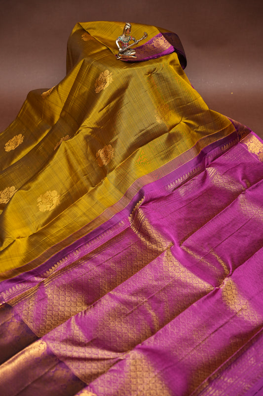 Burnt Olive Green with Deep Magenta Pure Kanchipuram Silk Saree|Silk Mark Certified