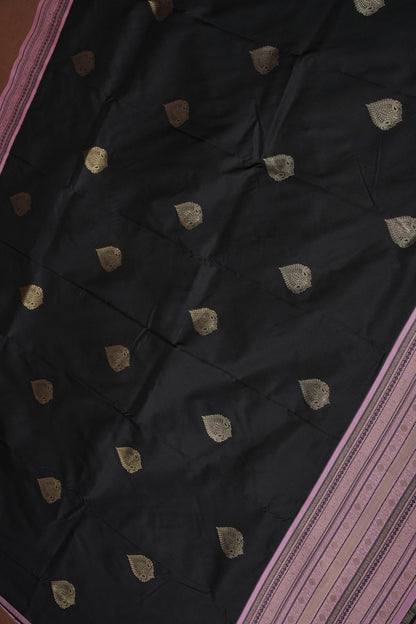 Black Semi Silk Saree with Pink Vintage Zari Border