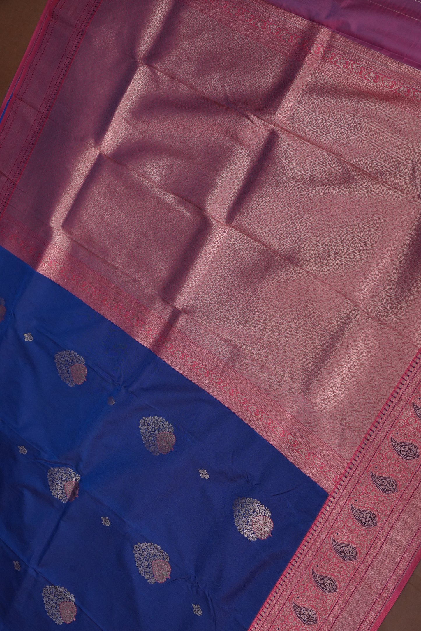 Royal Blue Semi Silk Saree with Pink Zari Border