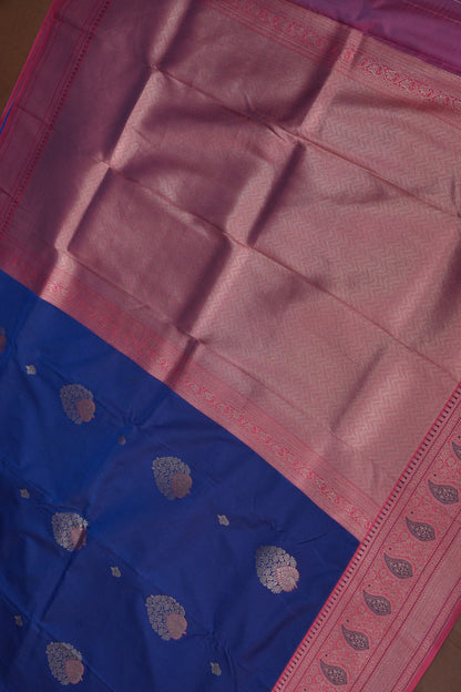 Royal Blue Semi Silk Saree with Pink Zari Border