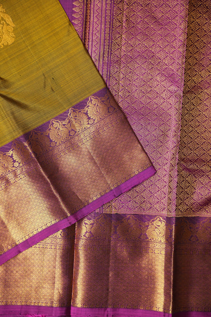 Burnt Olive Green with Deep Magenta Pure Kanchipuram Silk Saree|Silk Mark Certified