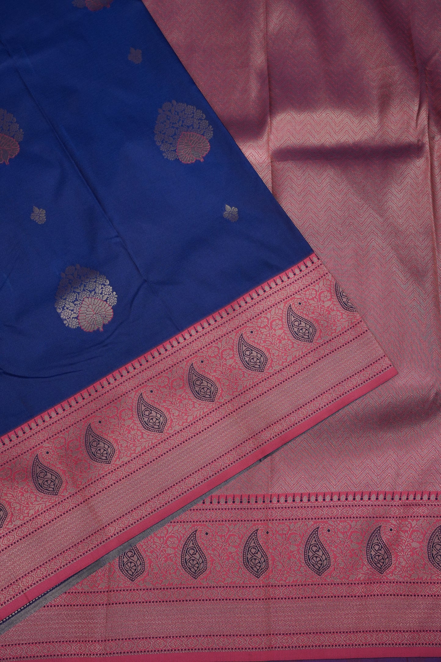 Royal Blue Semi Silk Saree with Pink Zari Border