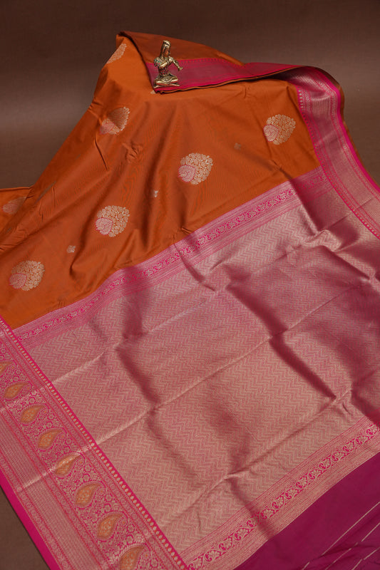 Rust Orange Semi Silk Saree with Pink Zari Border