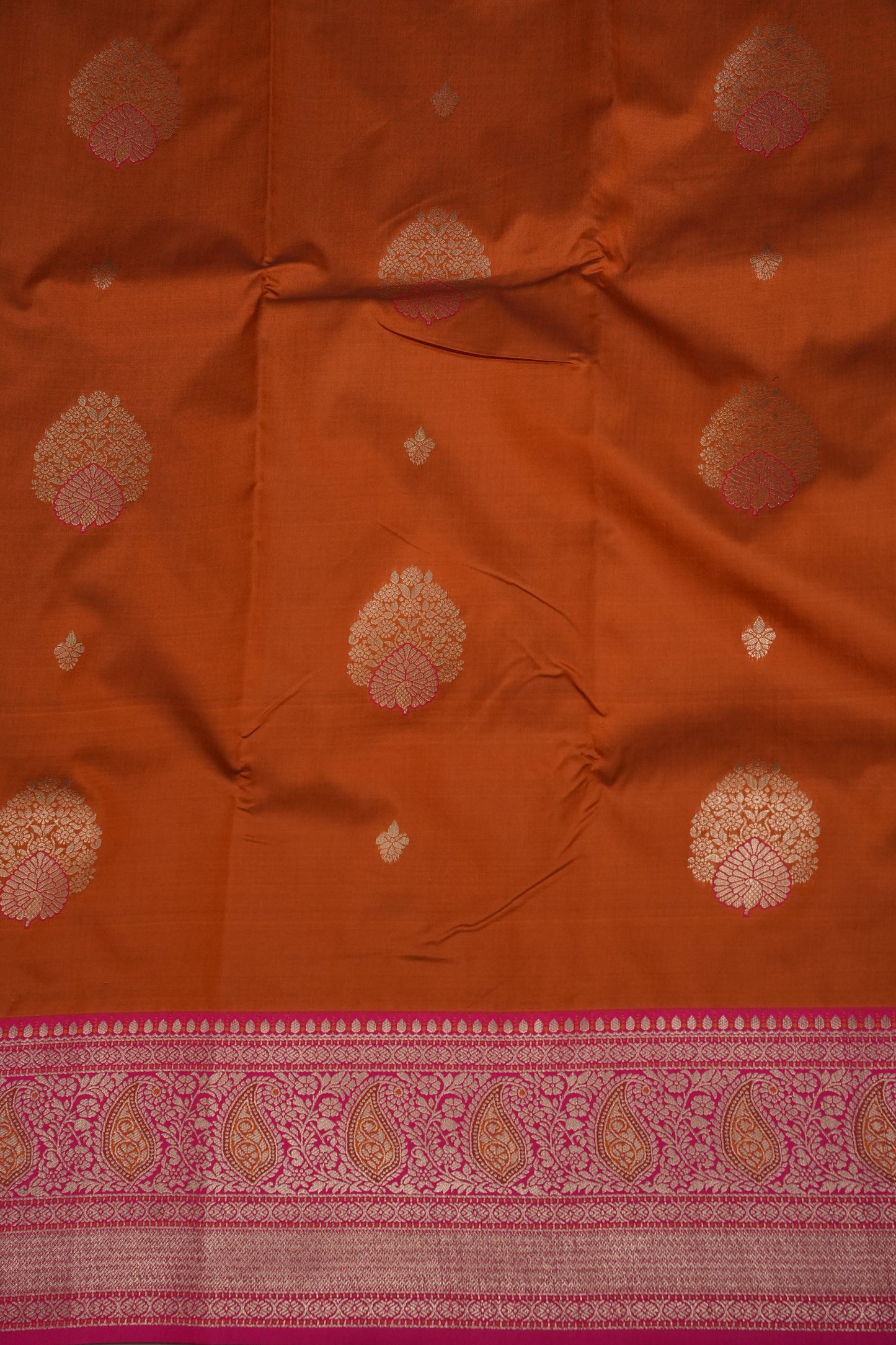 Rust Orange Semi Silk Saree with Pink Zari Border