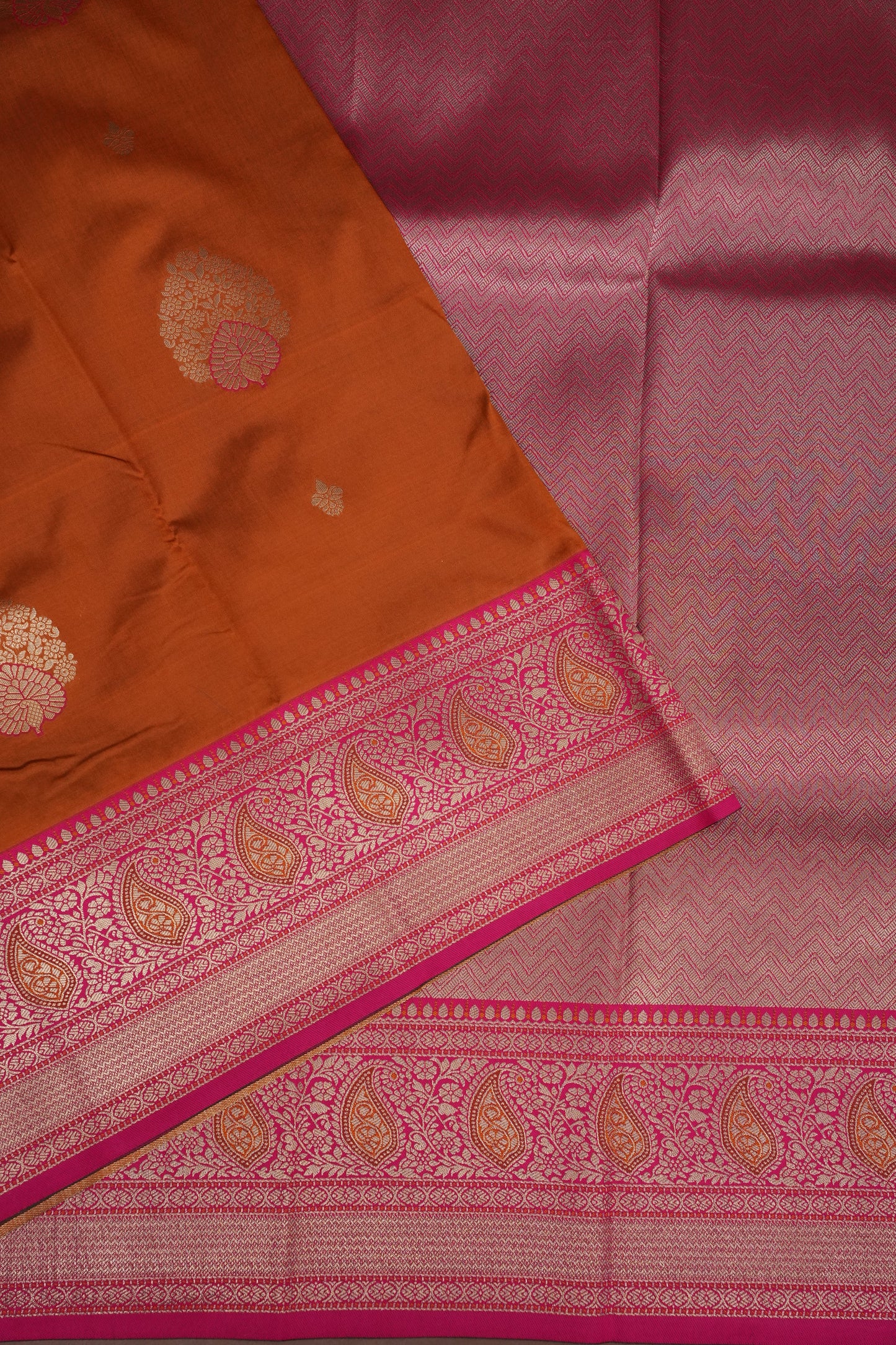 Rust Orange Semi Silk Saree with Pink Zari Border