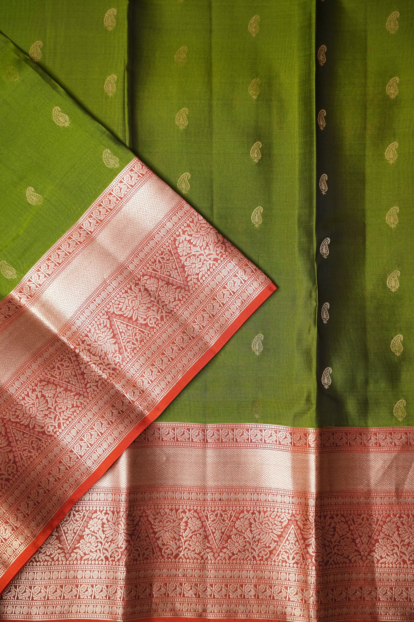 Oliver Green & Rust Pure Soft Silk Saree|Silk Mark Certified