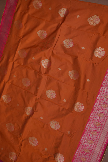 Rust Orange Semi Silk Saree with Pink Zari Border