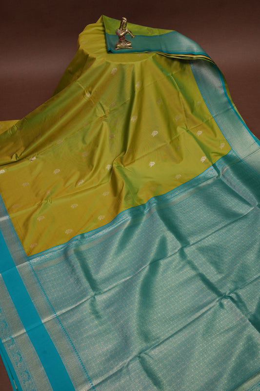 Lime Green Semi Silk Saree with Aqua Blue Silver Zari Border