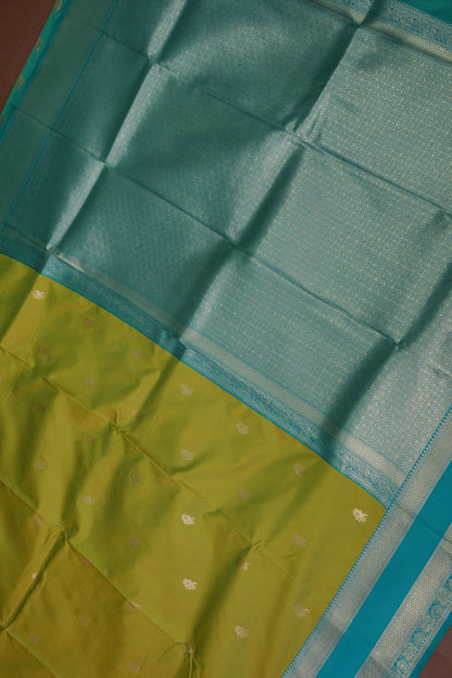Lime Green Semi Silk Saree with Aqua Blue Silver Zari Border