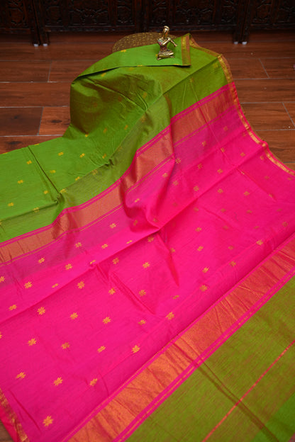 Maheshwari Silk Cotton Saree | Green With Pink