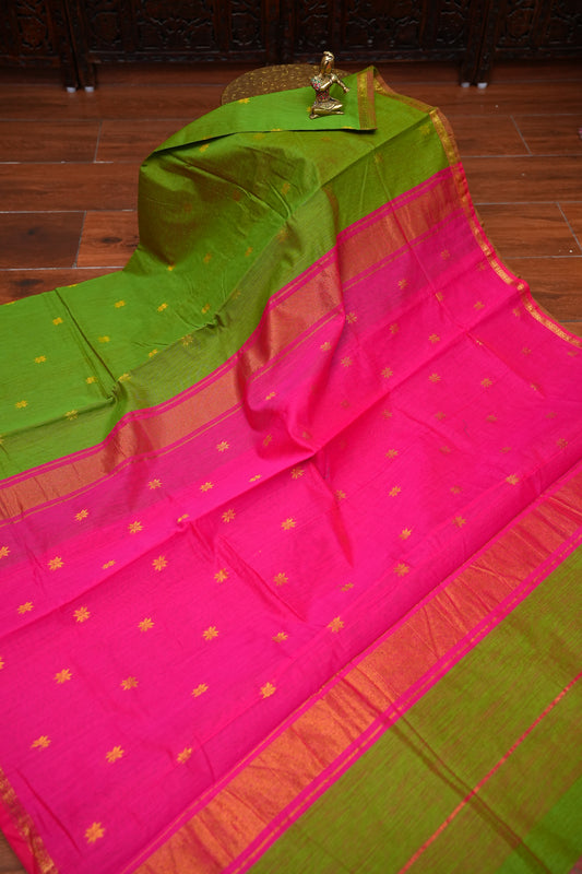 Maheshwari Silk Cotton Saree | Green With Pink