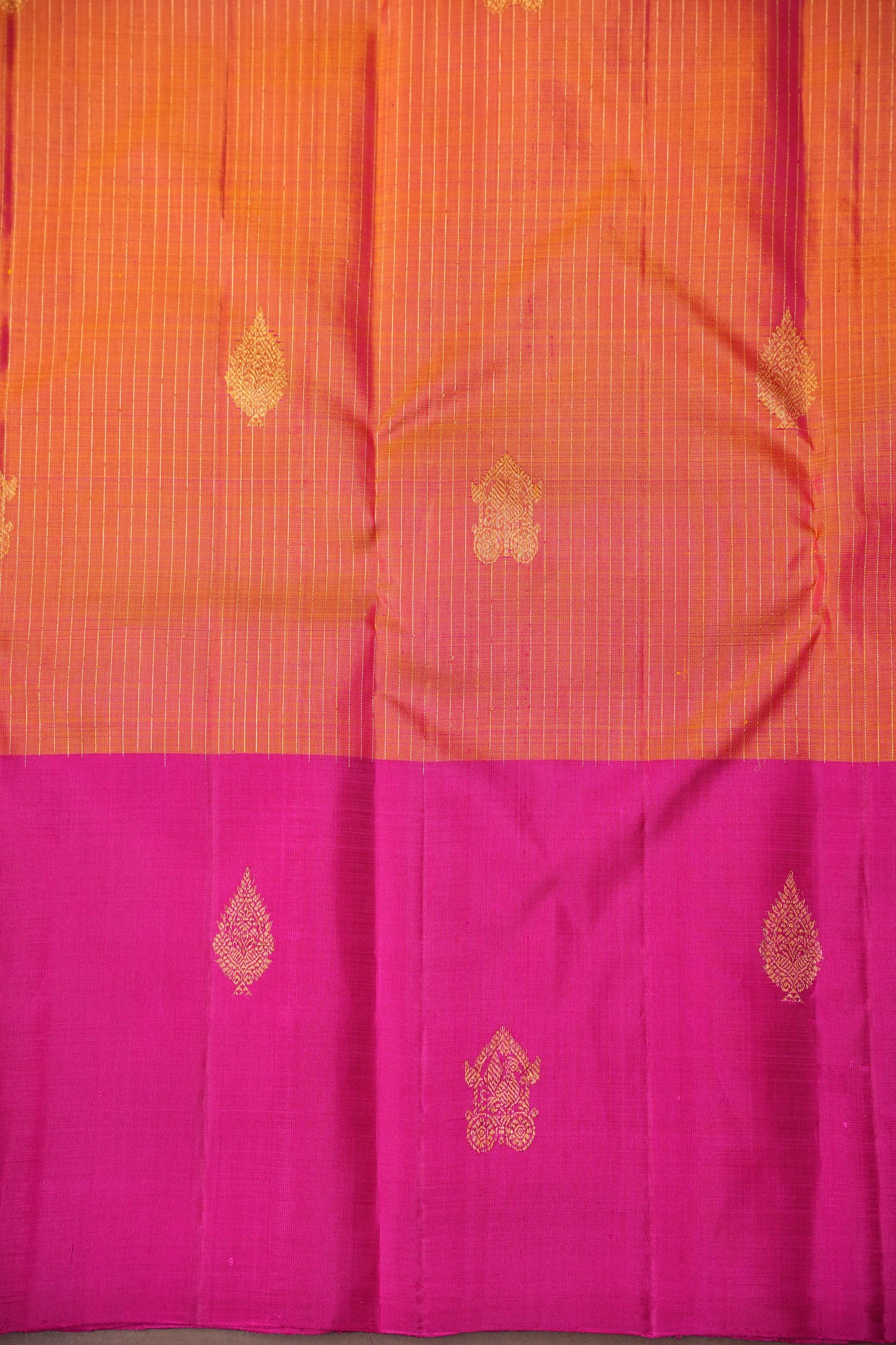 Orange & Pink Kanchipuram Silk Saree with Rich Gold Zari Weaving|Silk Mark Certified