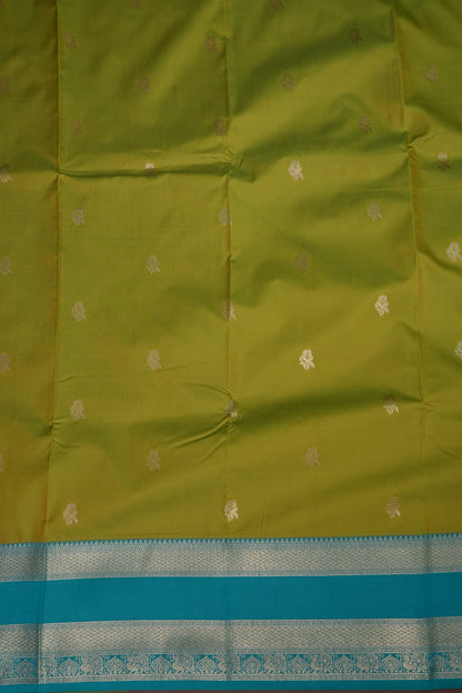 Lime Green Semi Silk Saree with Aqua Blue Silver Zari Border