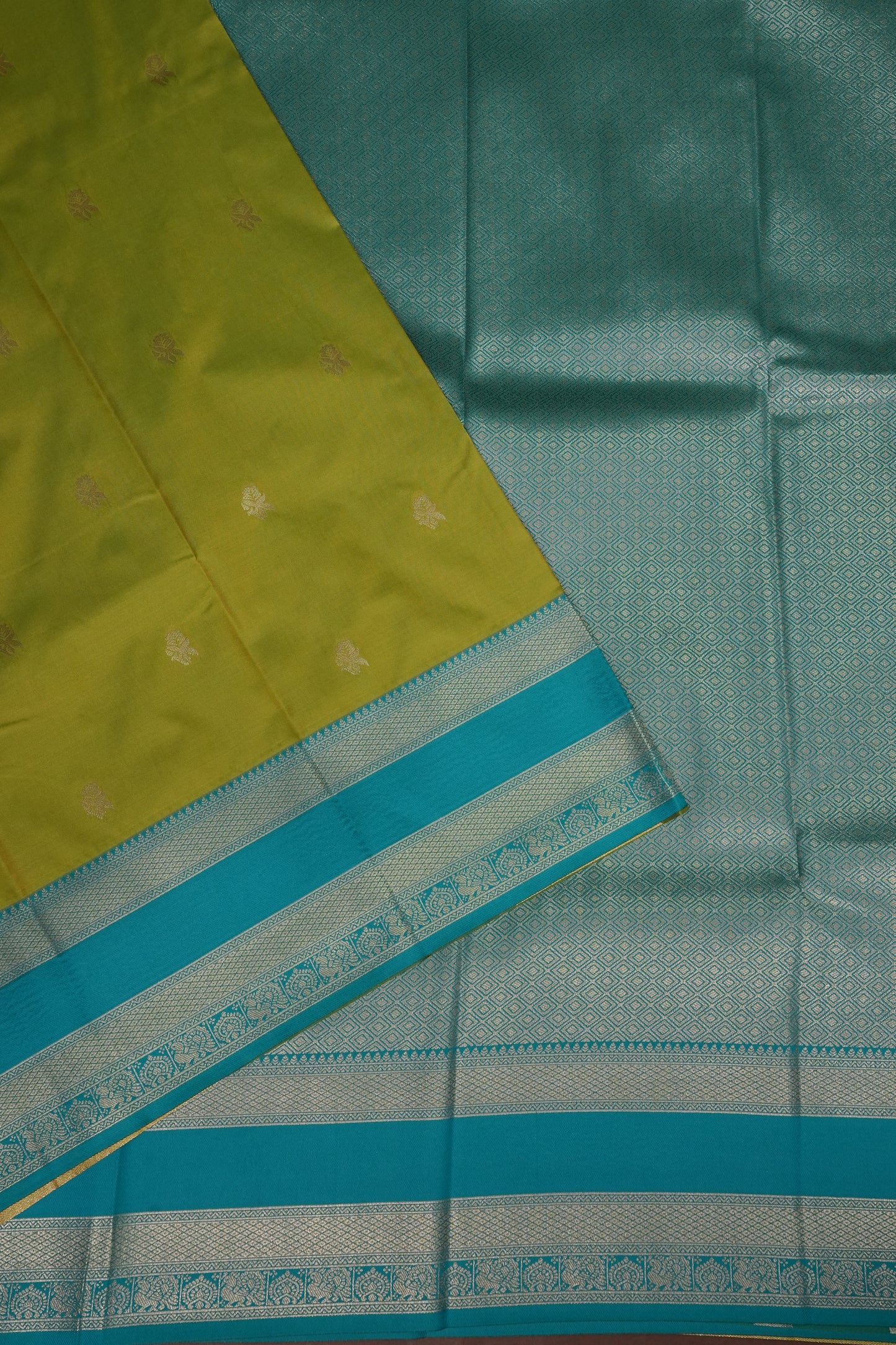 Lime Green Semi Silk Saree with Aqua Blue Silver Zari Border