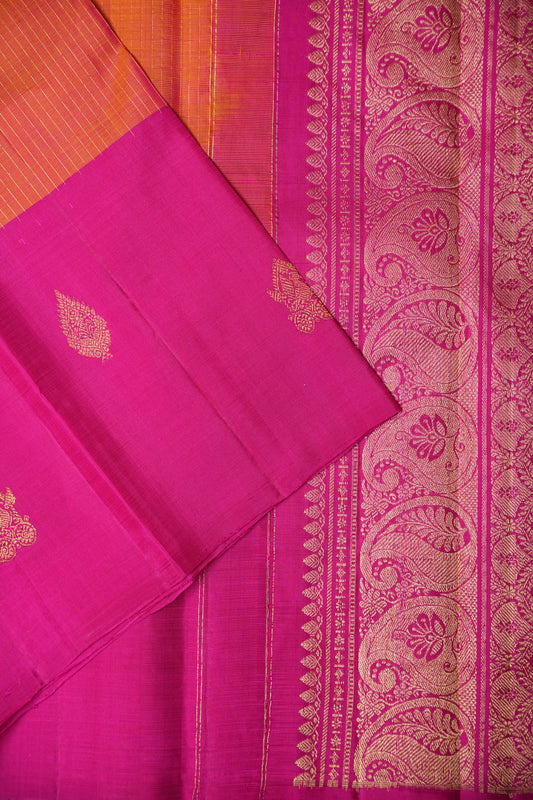 Orange & Pink Kanchipuram Silk Saree with Rich Gold Zari Weaving|Silk Mark Certified