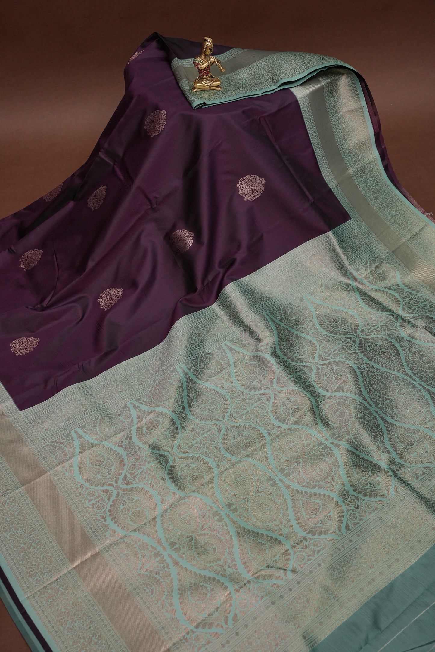 Deep Purple Semi Silk Saree with Sea Green Zari Border
