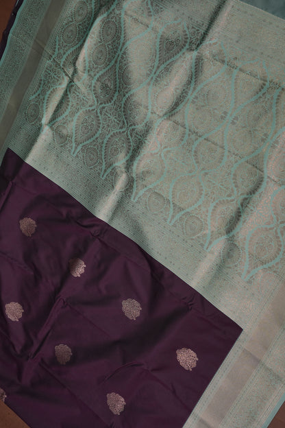 Deep Purple Semi Silk Saree with Sea Green Zari Border