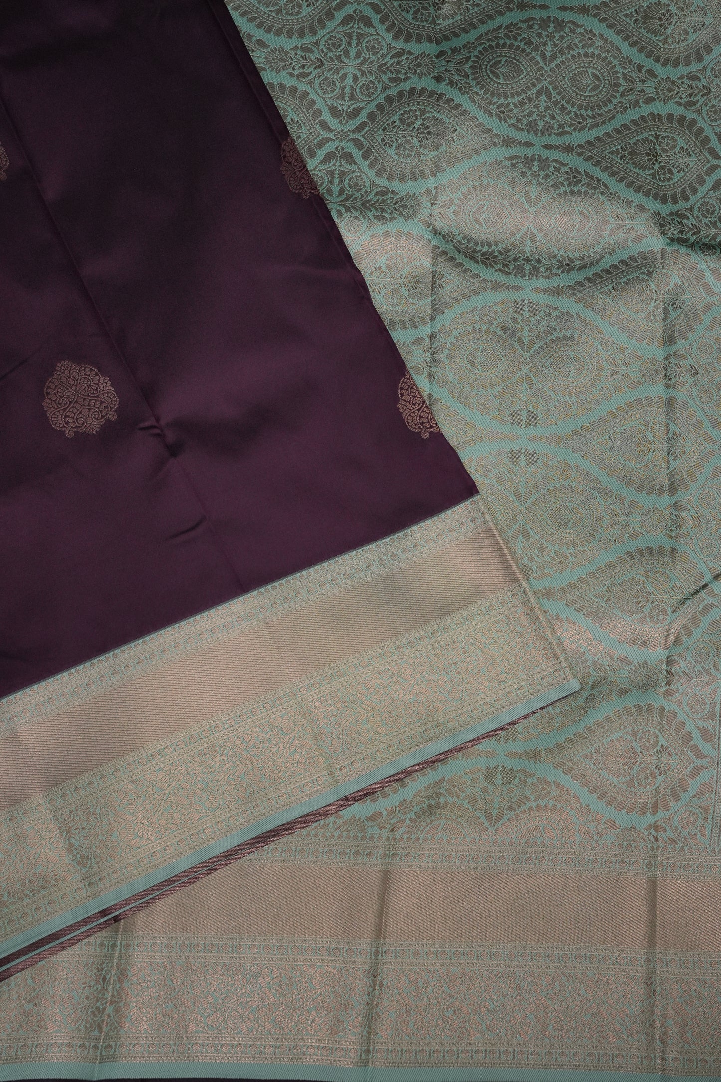 Deep Purple Semi Silk Saree with Sea Green Zari Border