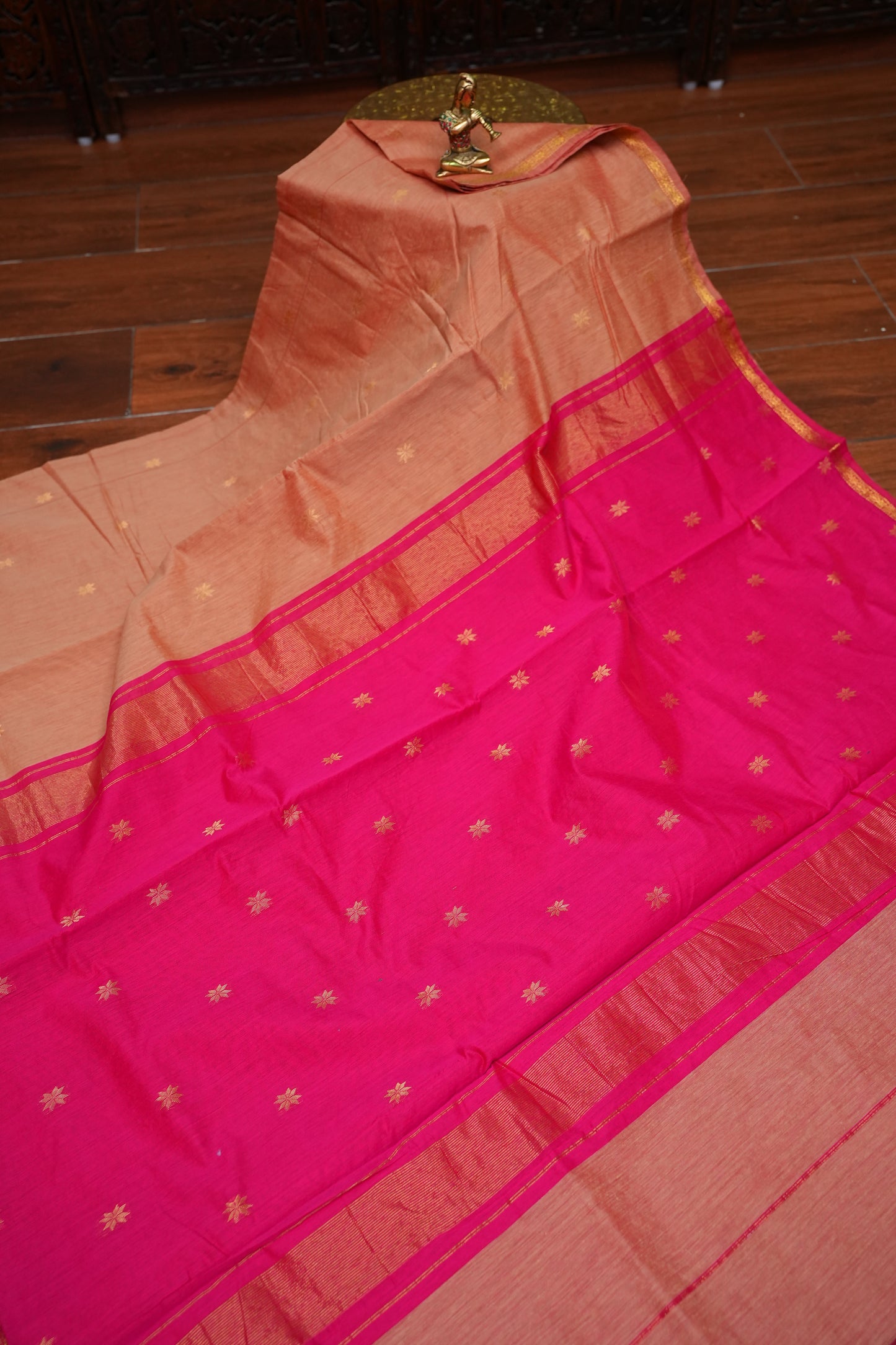 Maheshwari Silk Cotton Saree | Peach With Pink