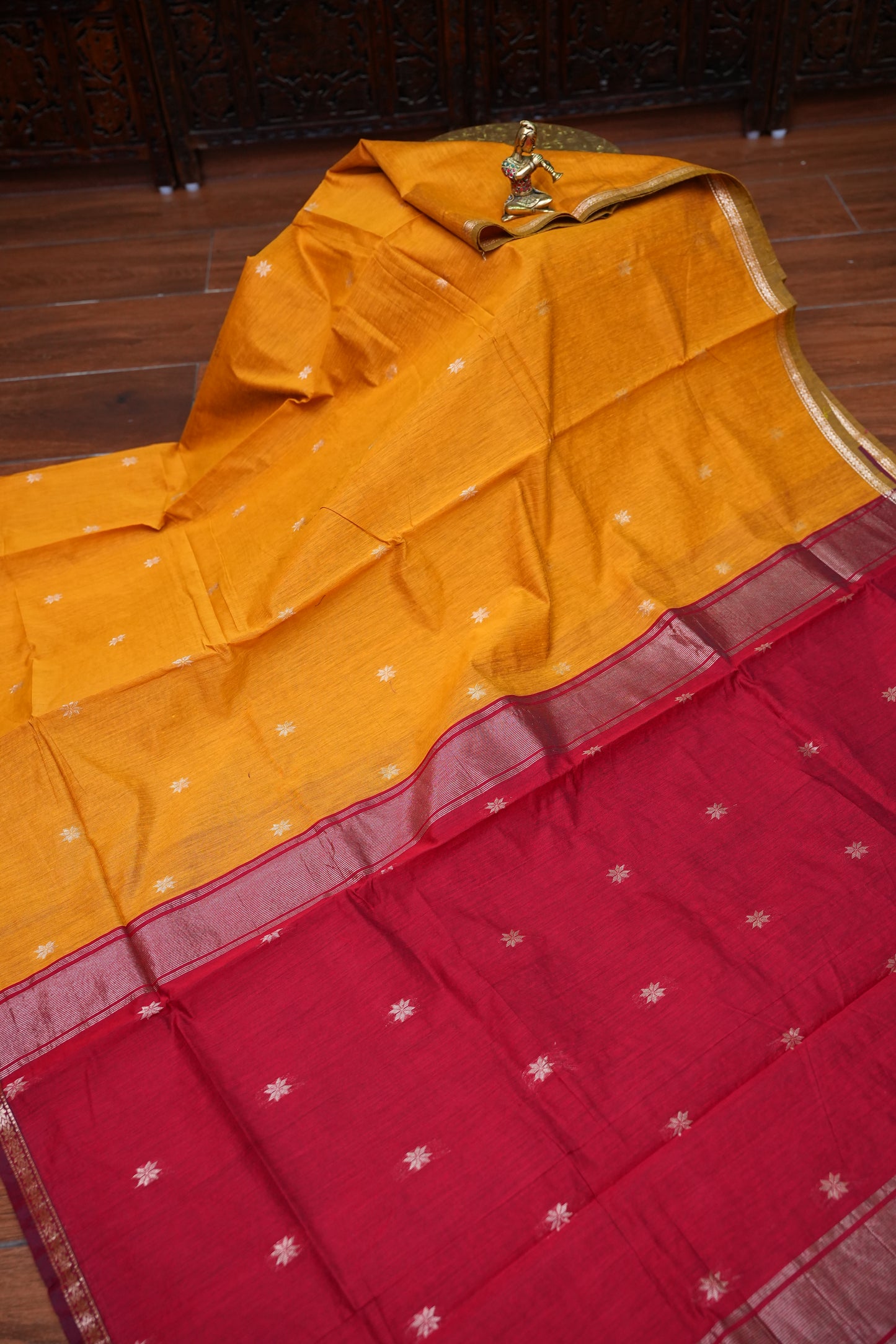Maheshwari Silk Cotton Saree | Mustard With Red