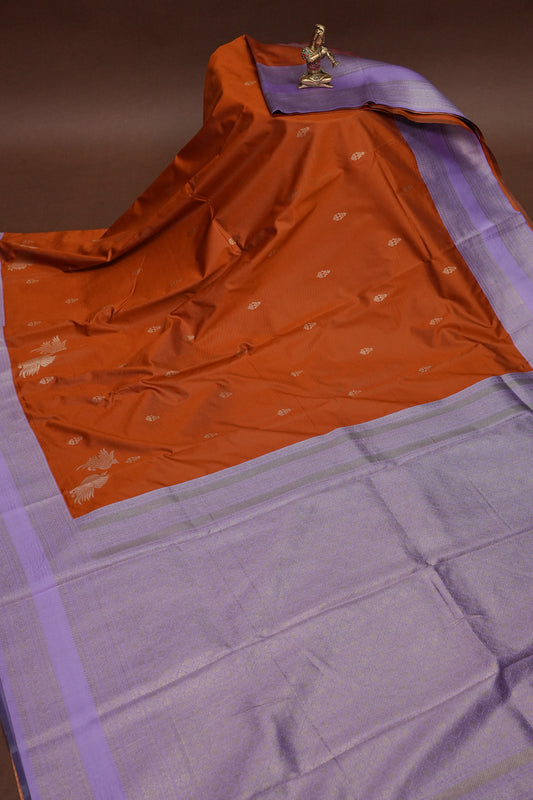 Rust Semi Silk Saree with Lavender Zari Border