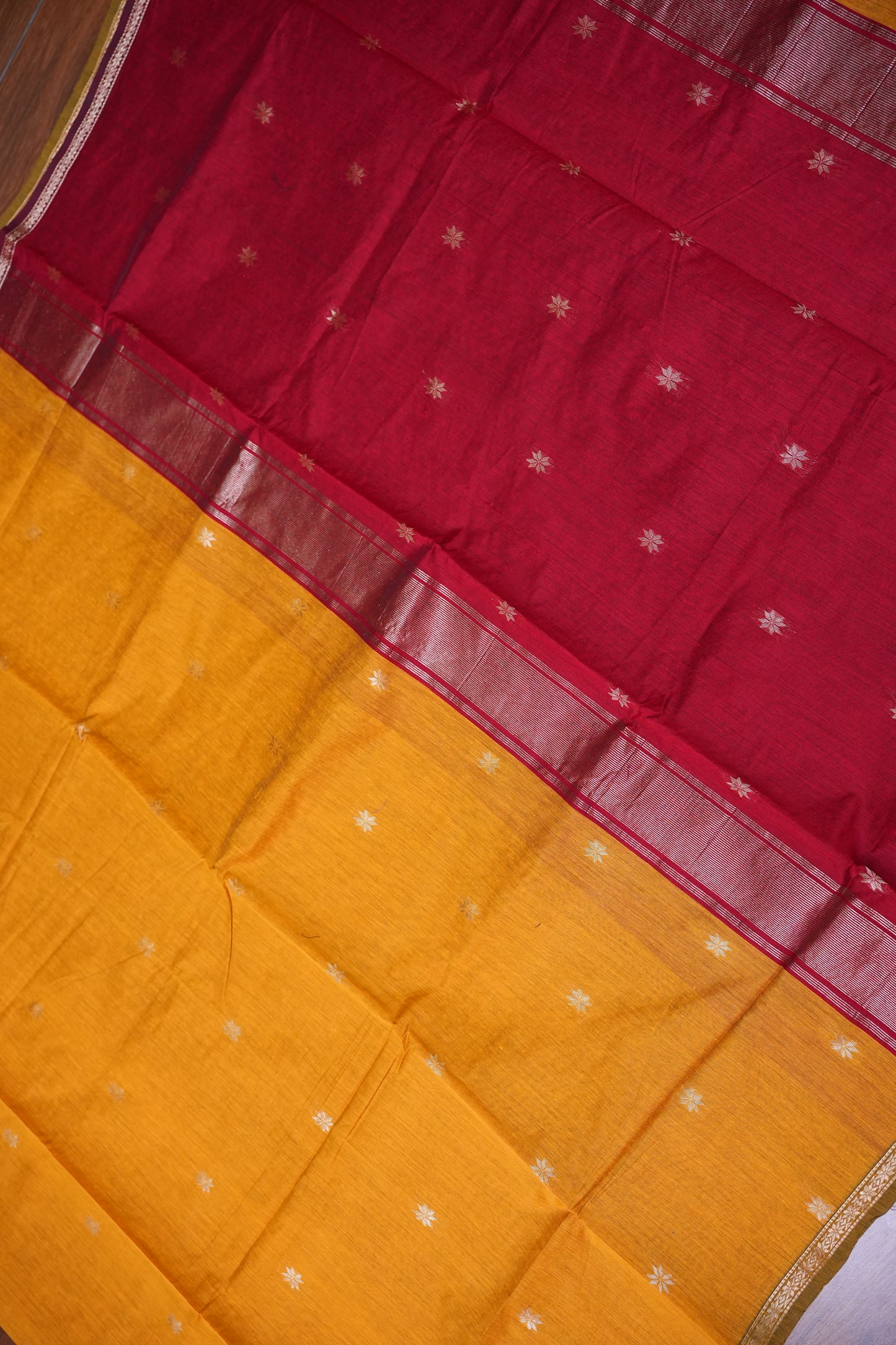Maheshwari Silk Cotton Saree | Mustard With Red