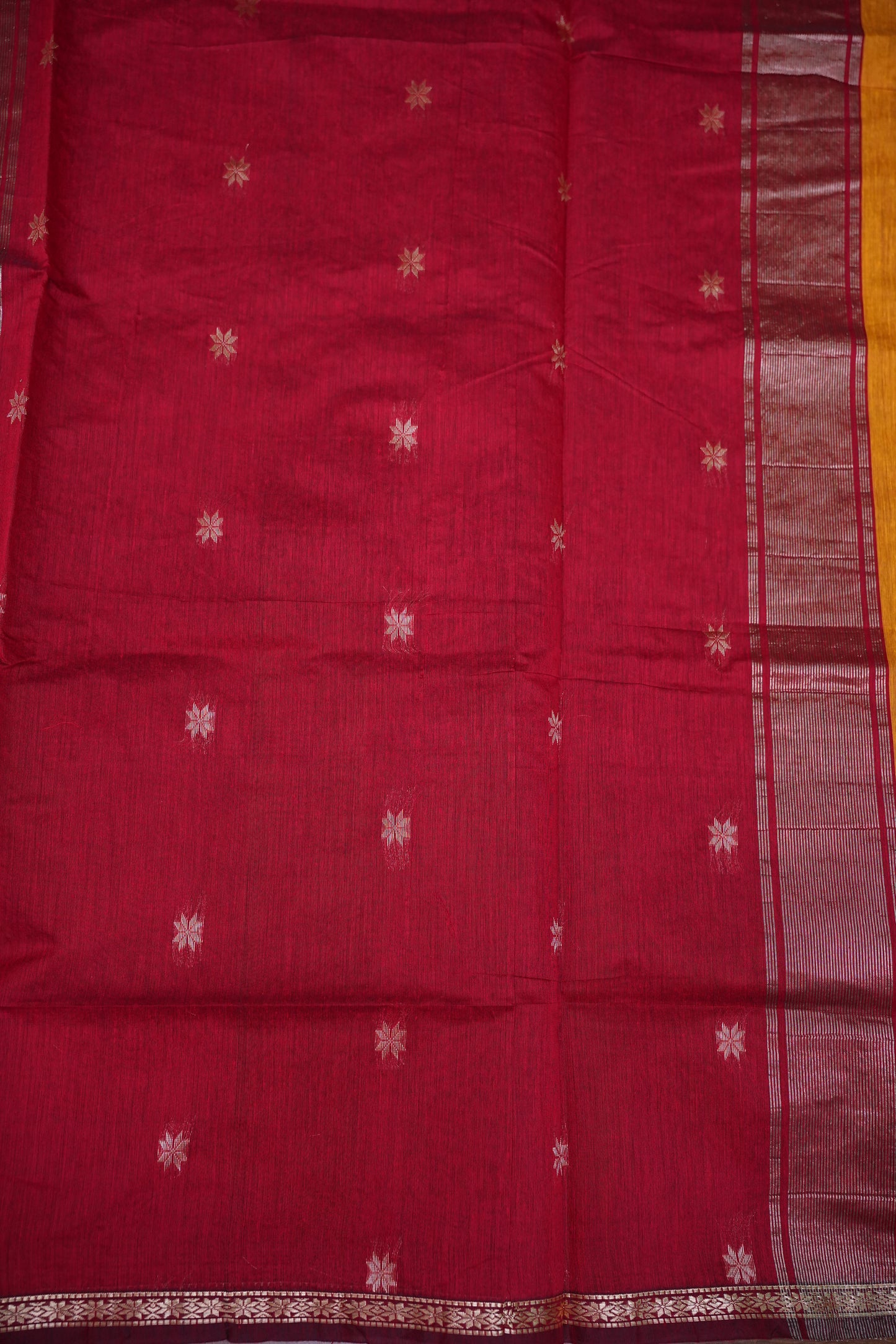 Maheshwari Silk Cotton Saree | Mustard With Red