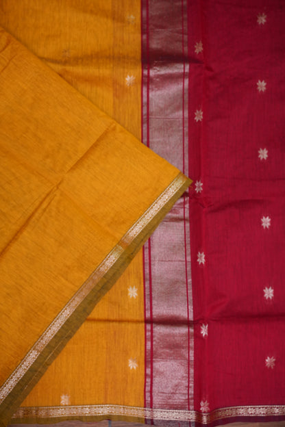 Maheshwari Silk Cotton Saree | Mustard With Red
