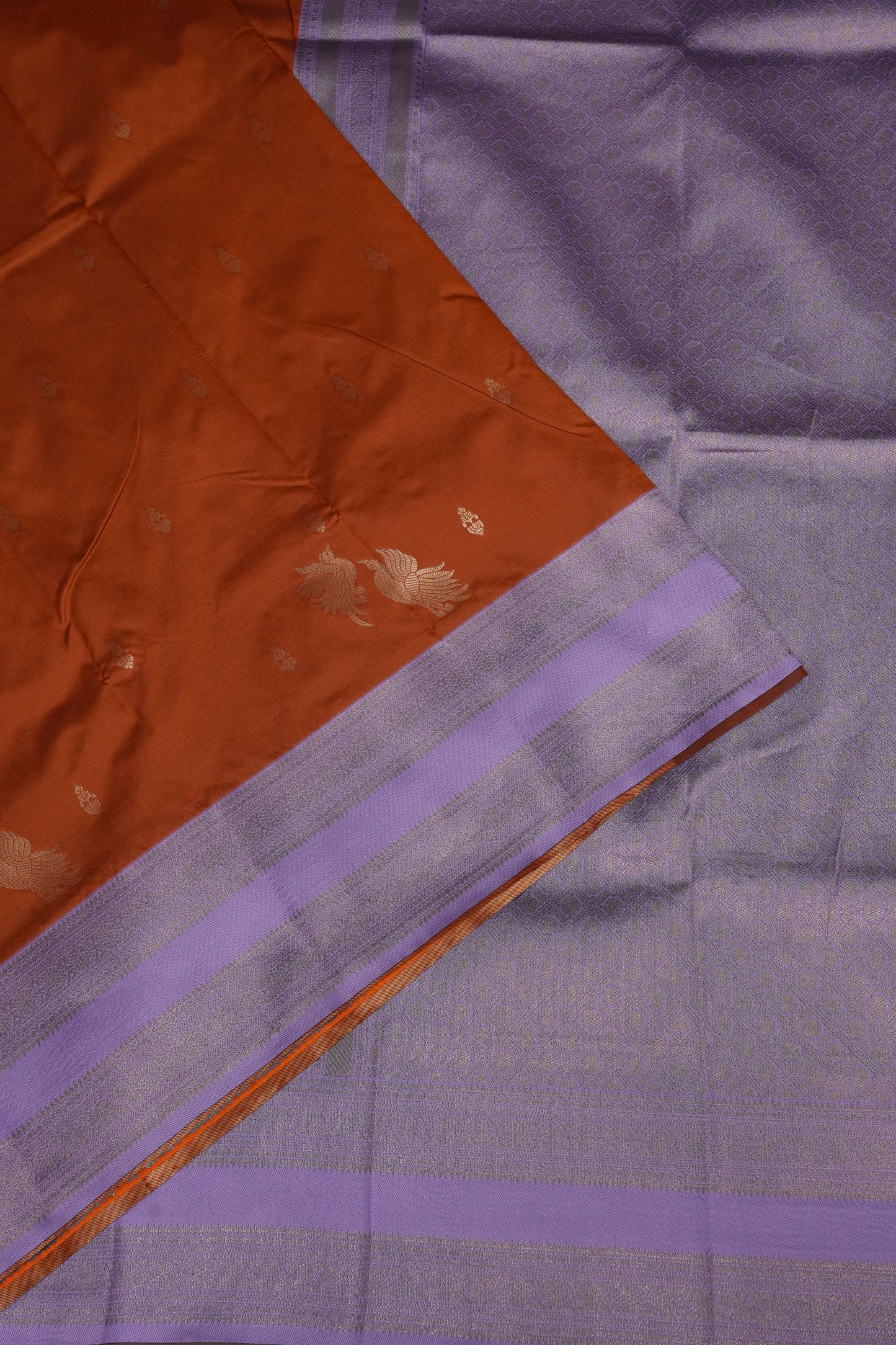 Rust Semi Silk Saree with Lavender Zari Border