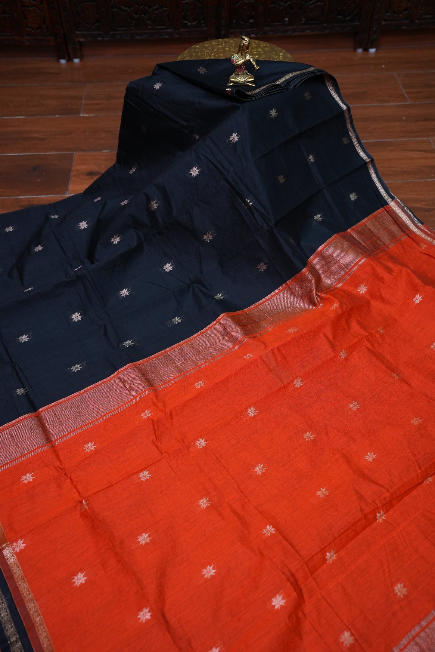 Maheshwari Silk Cotton Saree | Black With Orange