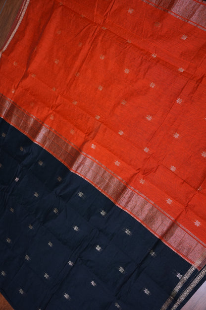 Maheshwari Silk Cotton Saree | Black With Orange