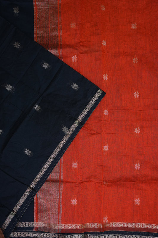 Maheshwari Silk Cotton Saree | Black With Orange